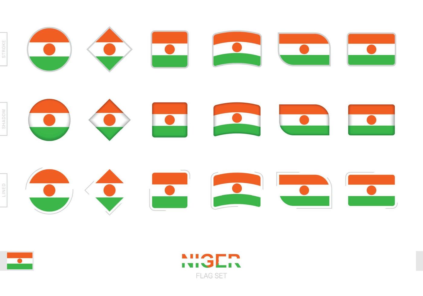 Niger flag set, simple flags of Niger with three different effects. vector