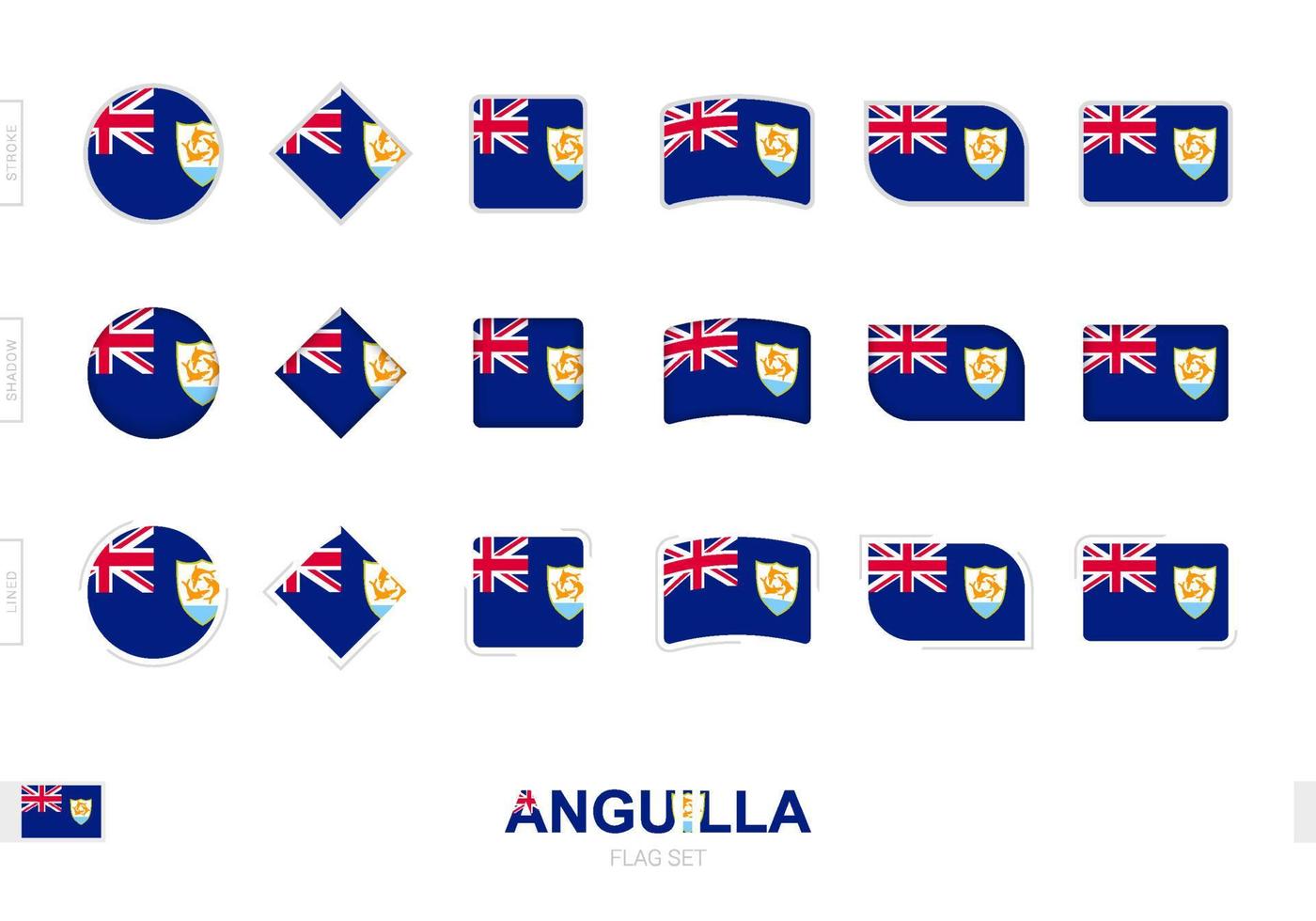 conjunto de banderas de anguila, banderas simples de anguila con tres efectos diferentes. vector