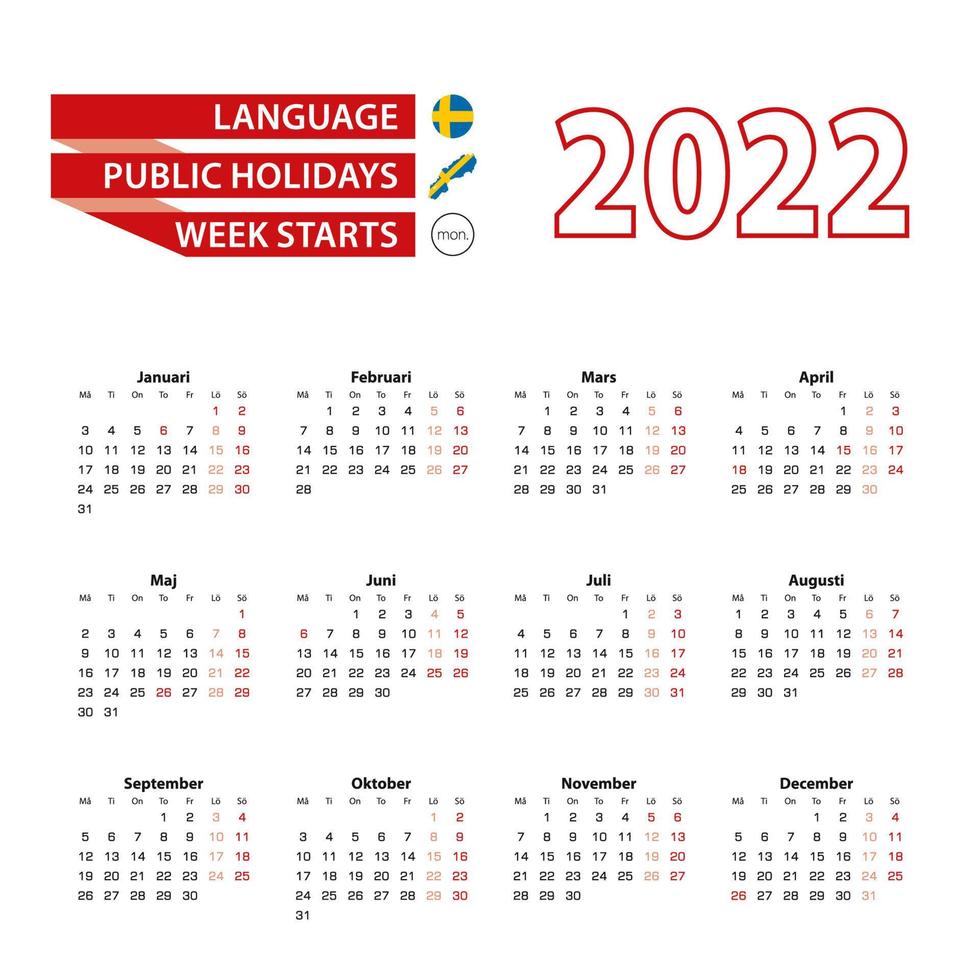 Calendar 2022 in Swedish  language with public holidays the country of Sweden in year 2022. vector