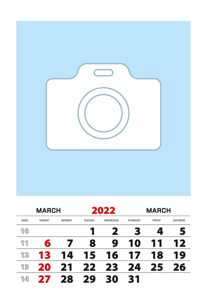 March 2022 calendar planner A3 size with place for your photo. vector