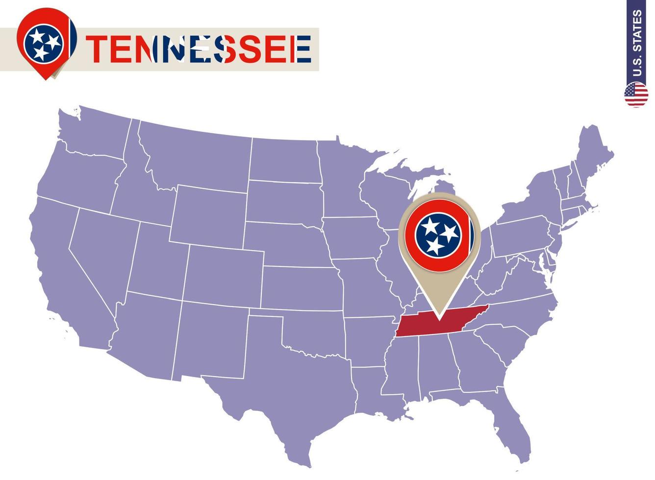 estado de tennessee en el mapa de estados unidos. bandera y mapa de tennessee. vector