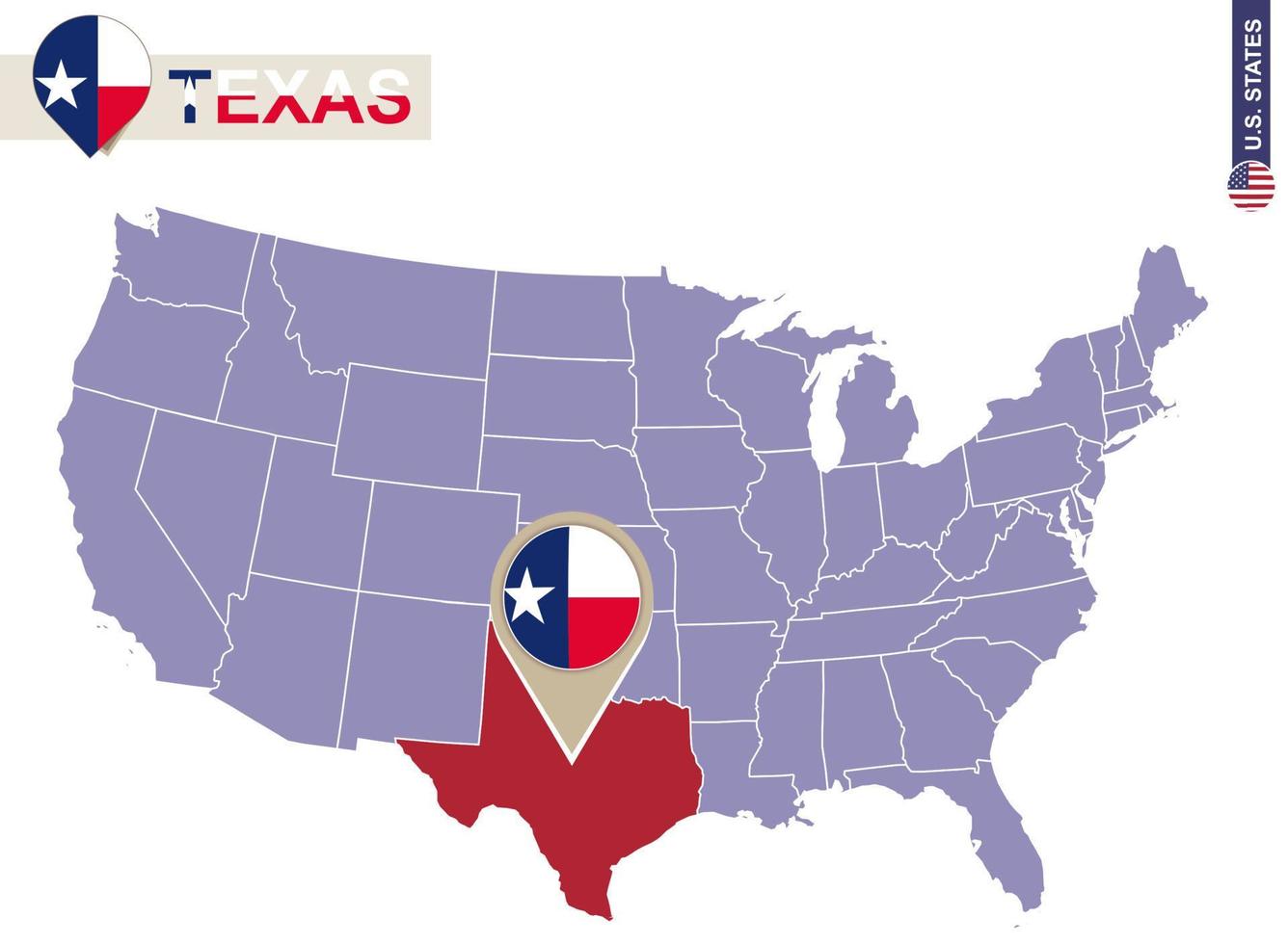 estado de texas en el mapa de estados unidos. bandera y mapa de texas. vector