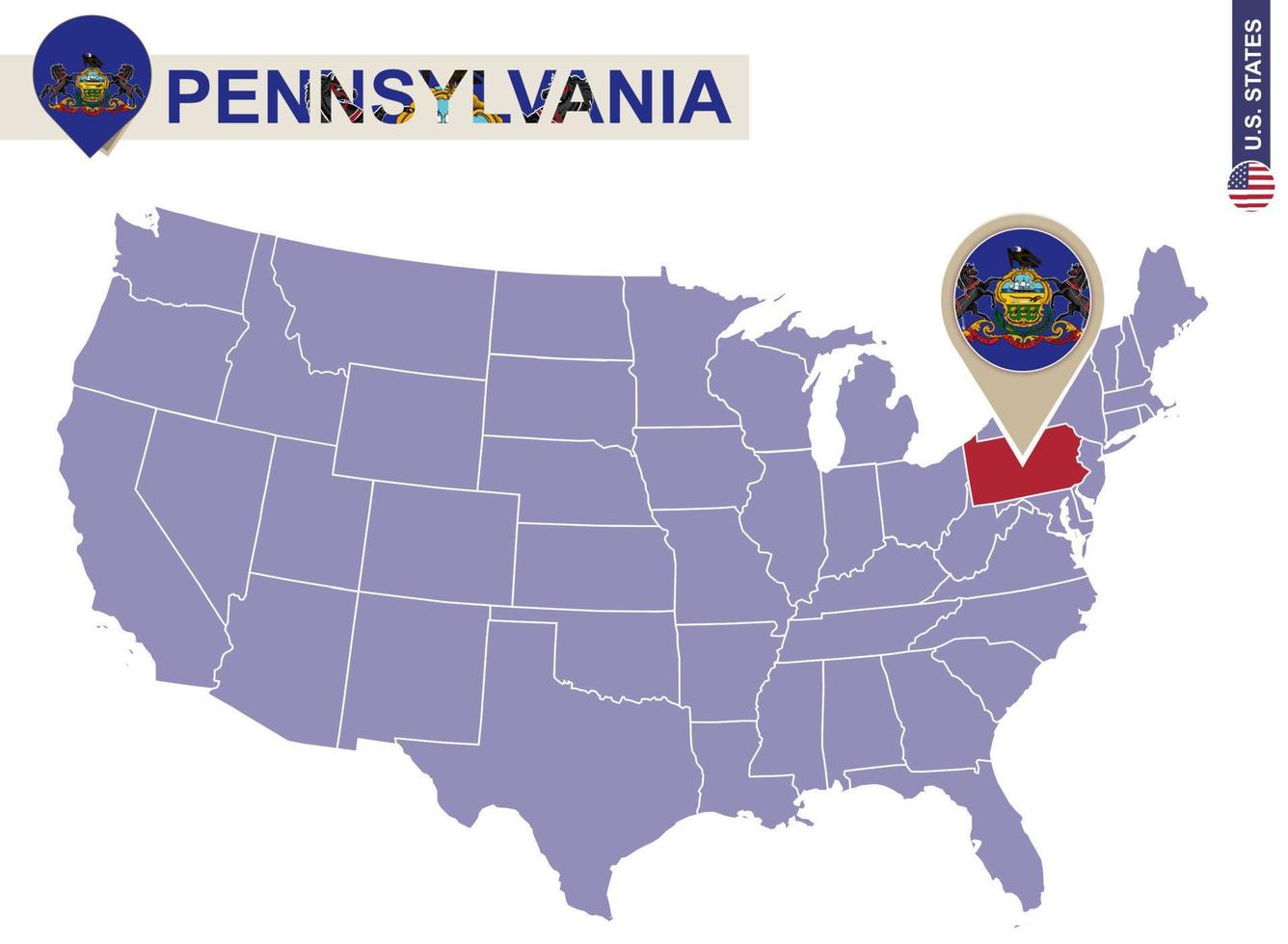 Pennsylvania State on USA Map. Pennsylvania flag and map. vector