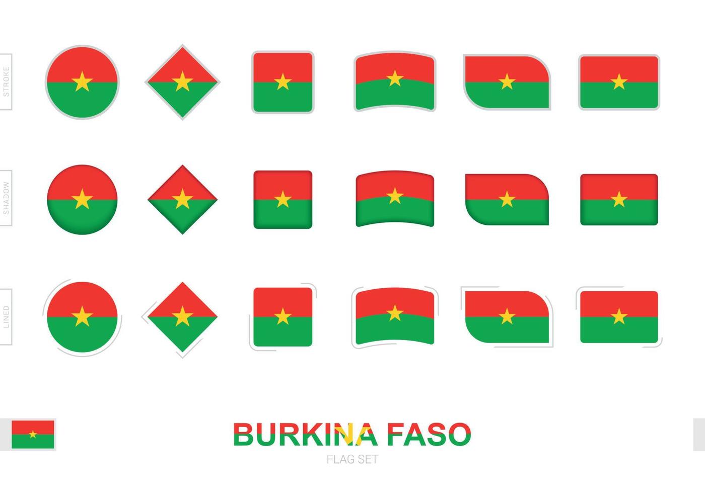 Burkina Faso flag set, simple flags of Burkina Faso with three different effects. vector