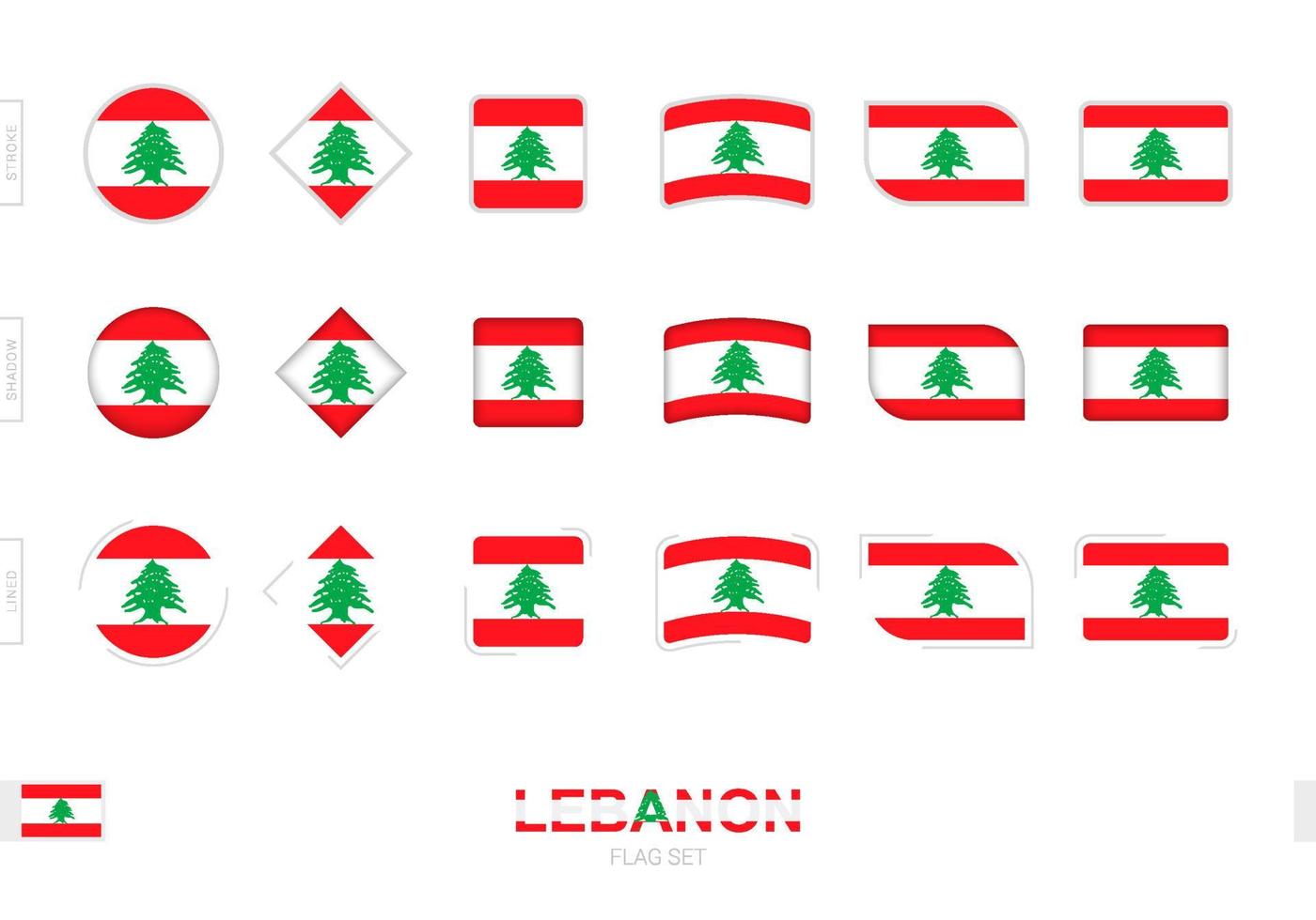 Lebanon flag set, simple flags of Lebanon with three different effects. vector