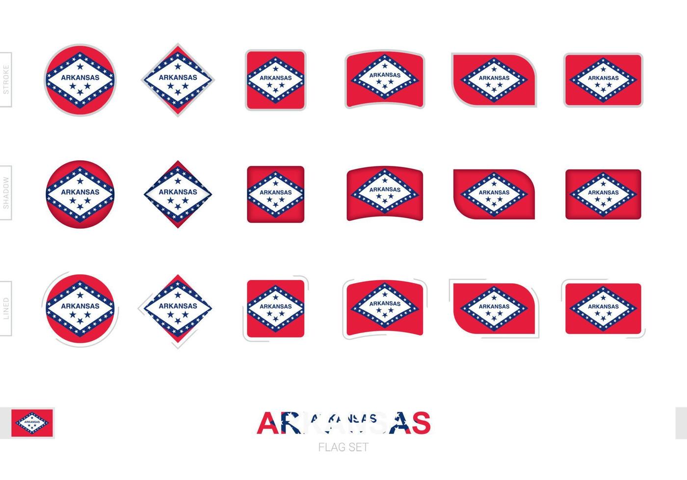 conjunto de banderas de arkansas, banderas simples de arkansas con tres efectos diferentes. vector