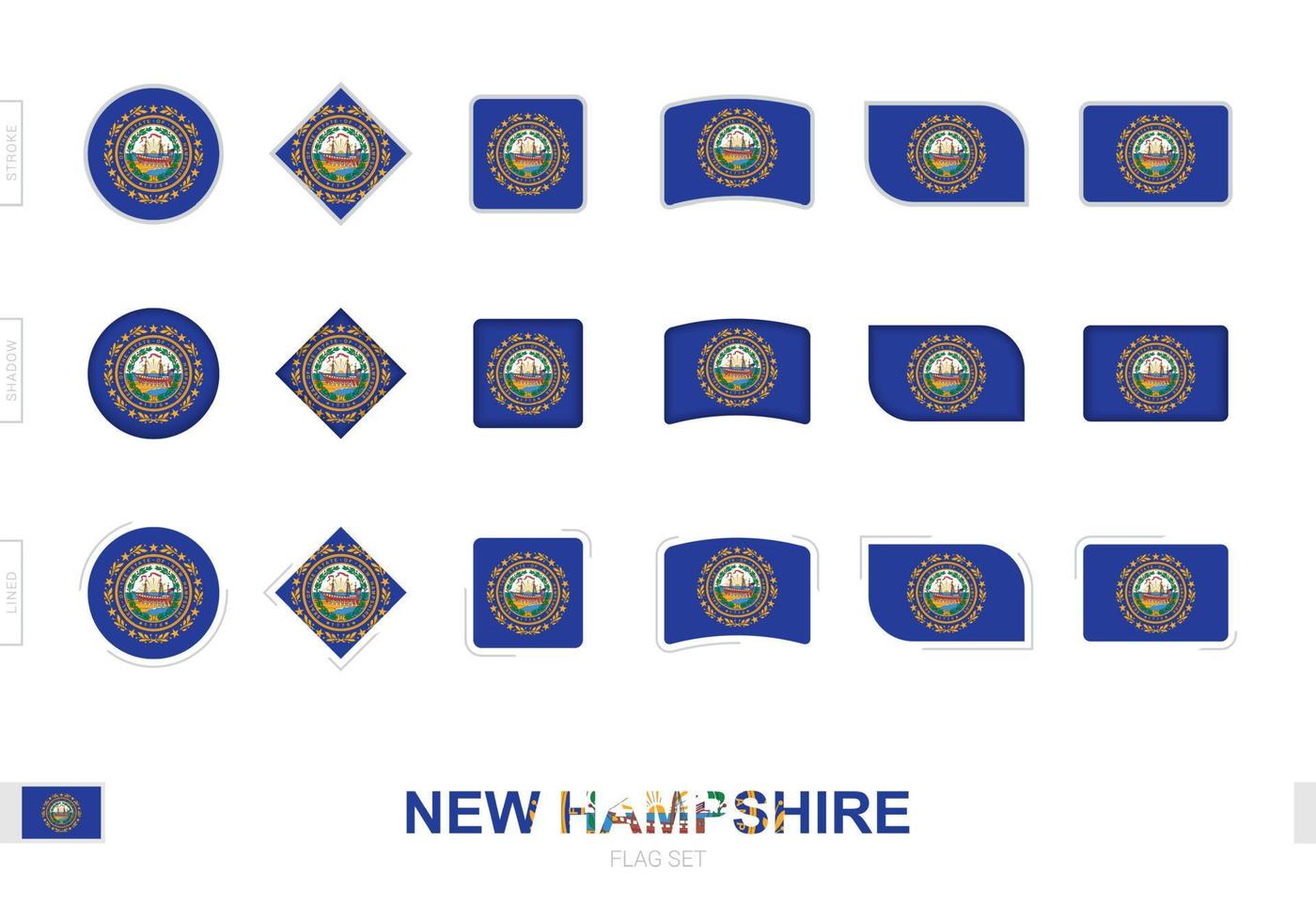 nuevo conjunto de banderas de hampshire, banderas simples de nuevo hampshire con tres efectos diferentes. vector