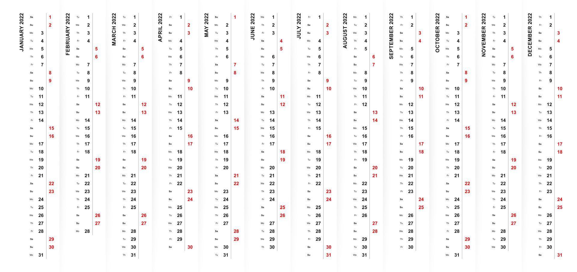 2022 vertical calendar design, Saturday and Sunday selected in different color and row. vector