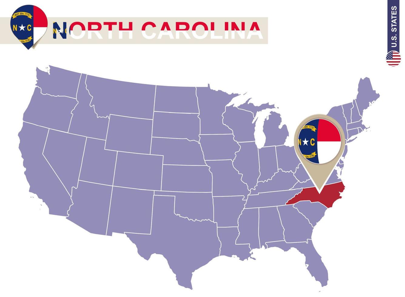 North Carolina State on USA Map. North Carolina flag and map. vector
