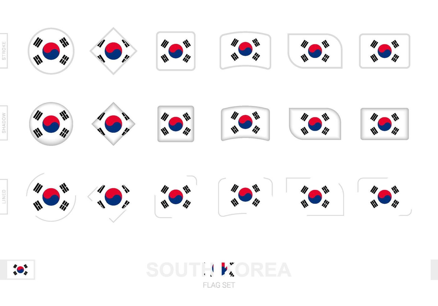 South Korea flag set, simple flags of South Korea with three different effects. vector