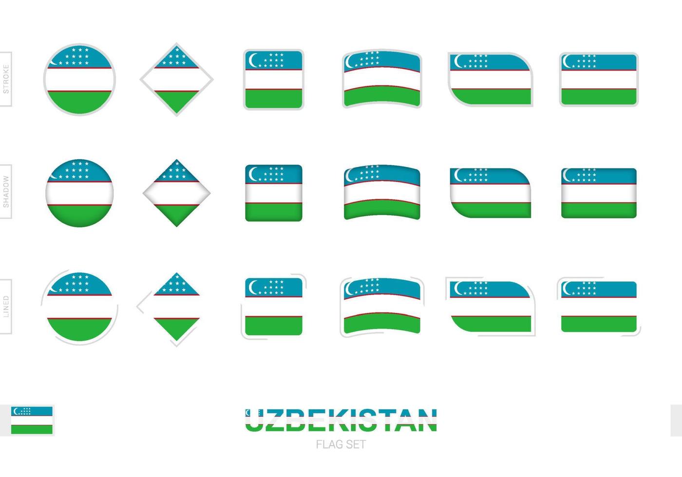 conjunto de banderas de uzbekistán, banderas simples de uzbekistán con tres efectos diferentes. vector