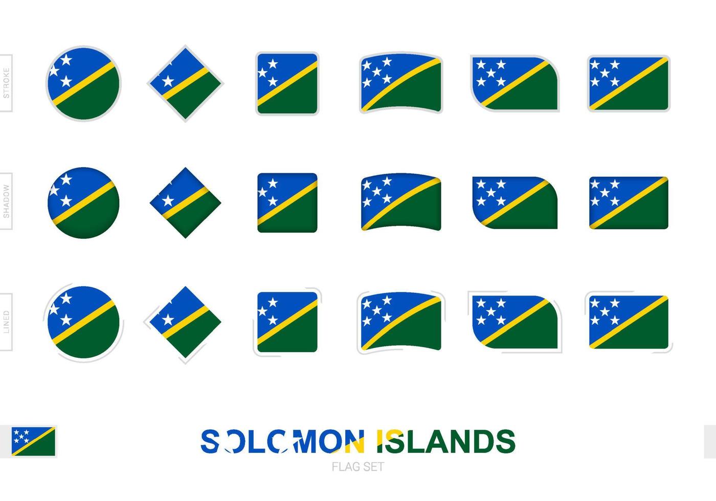 Solomon Islands flag set, simple flags of Solomon Islands with three different effects. vector