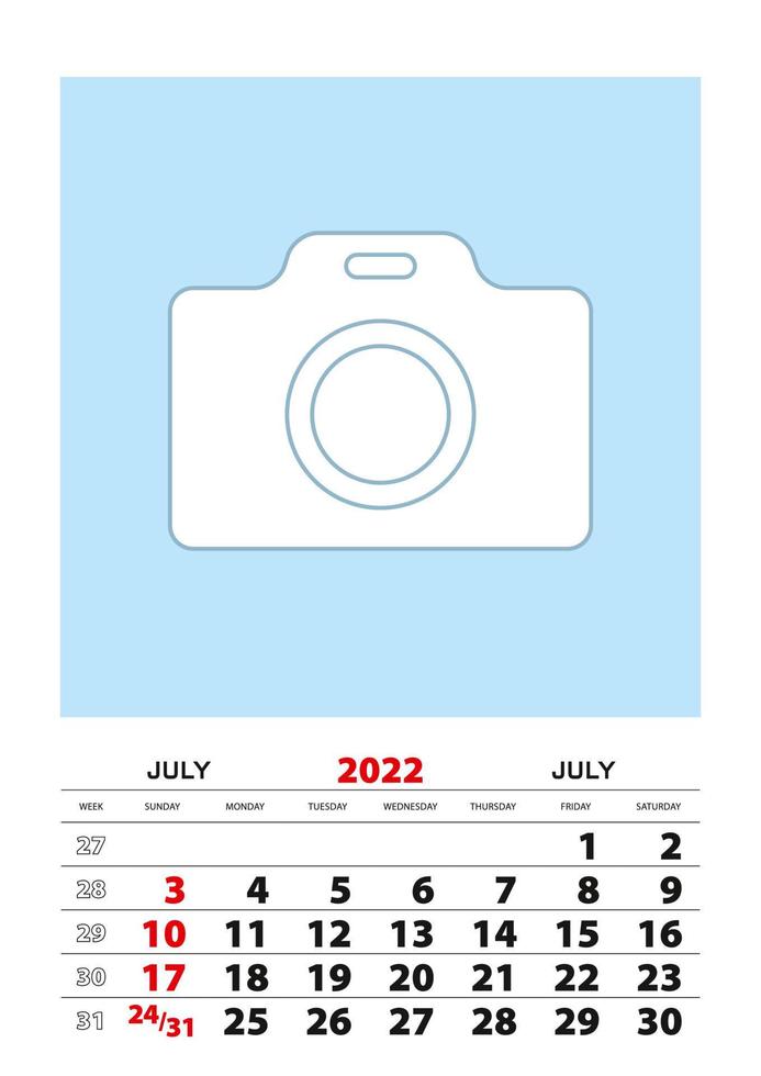 July 2022 calendar planner A3 size with place for your photo. vector