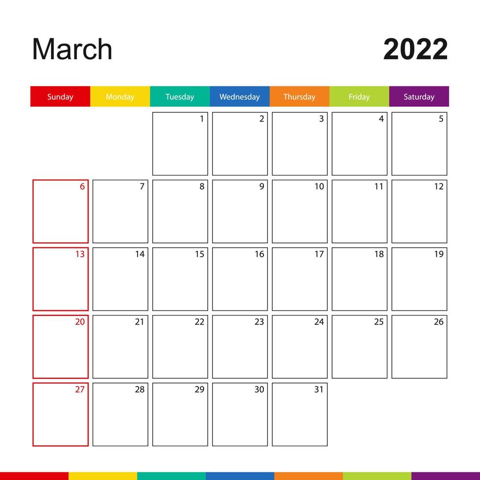 March 2022 colorful wall calendar, week starts on Sunday. vector