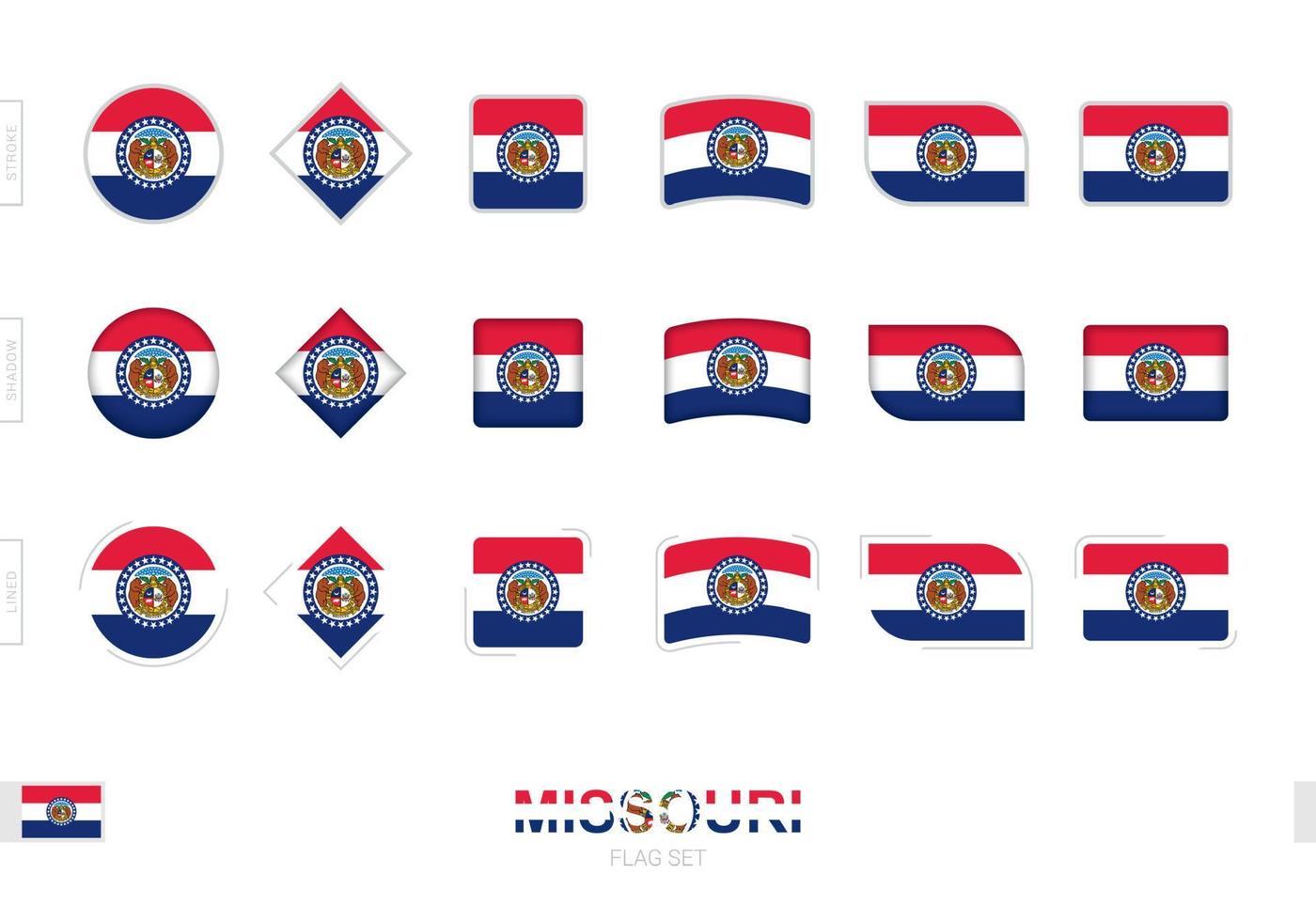 Missouri flag set, simple flags of Missouri with three different effects. vector