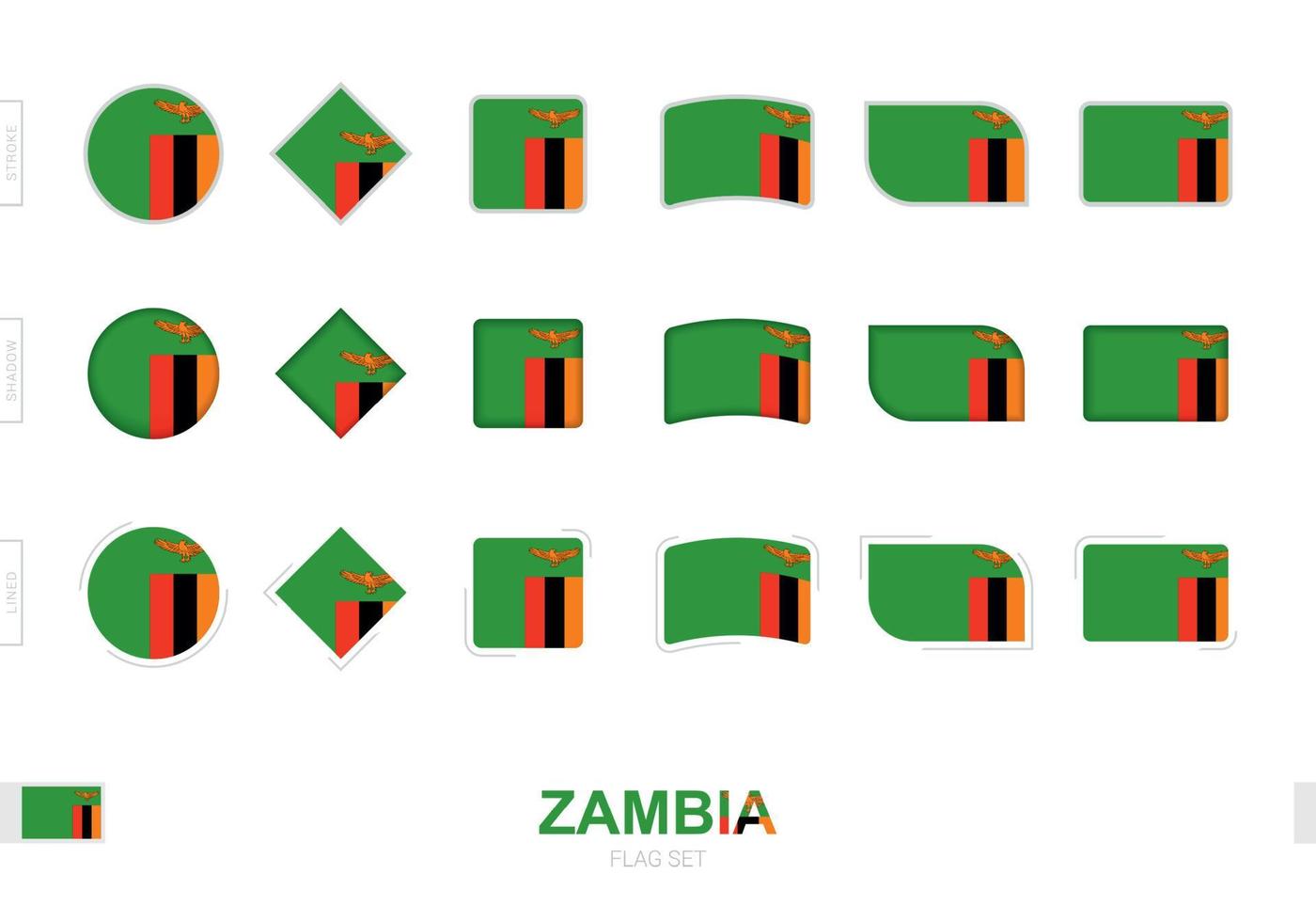 conjunto de banderas de zambia, banderas simples de zambia con tres efectos diferentes. vector