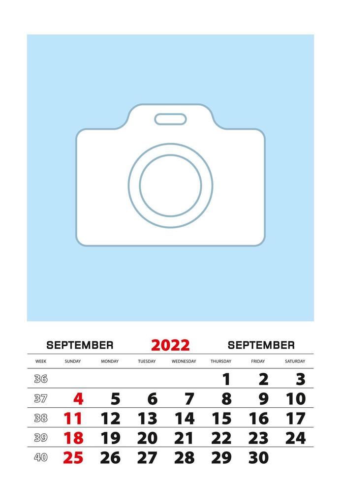 planificador de calendario de septiembre de 2022 tamaño a3 con lugar para su foto. vector