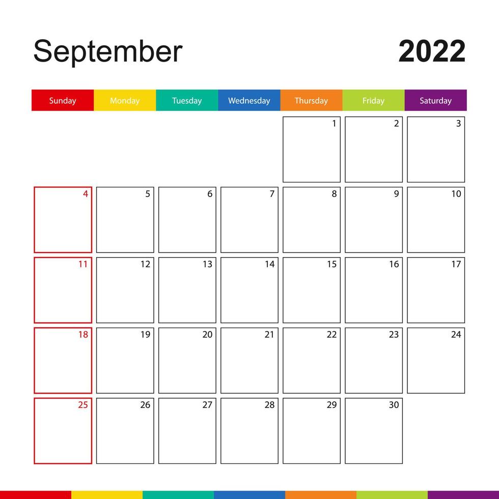 calendario de pared colorido de septiembre de 2022, la semana comienza el domingo. vector