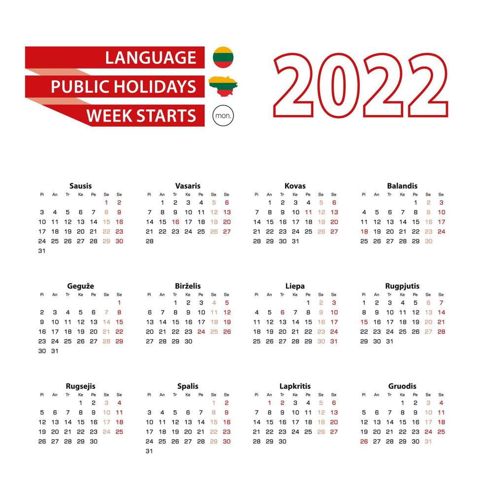 Calendar 2022 in Lithuanian language with public holidays the country of Lithuania in year 2022. vector