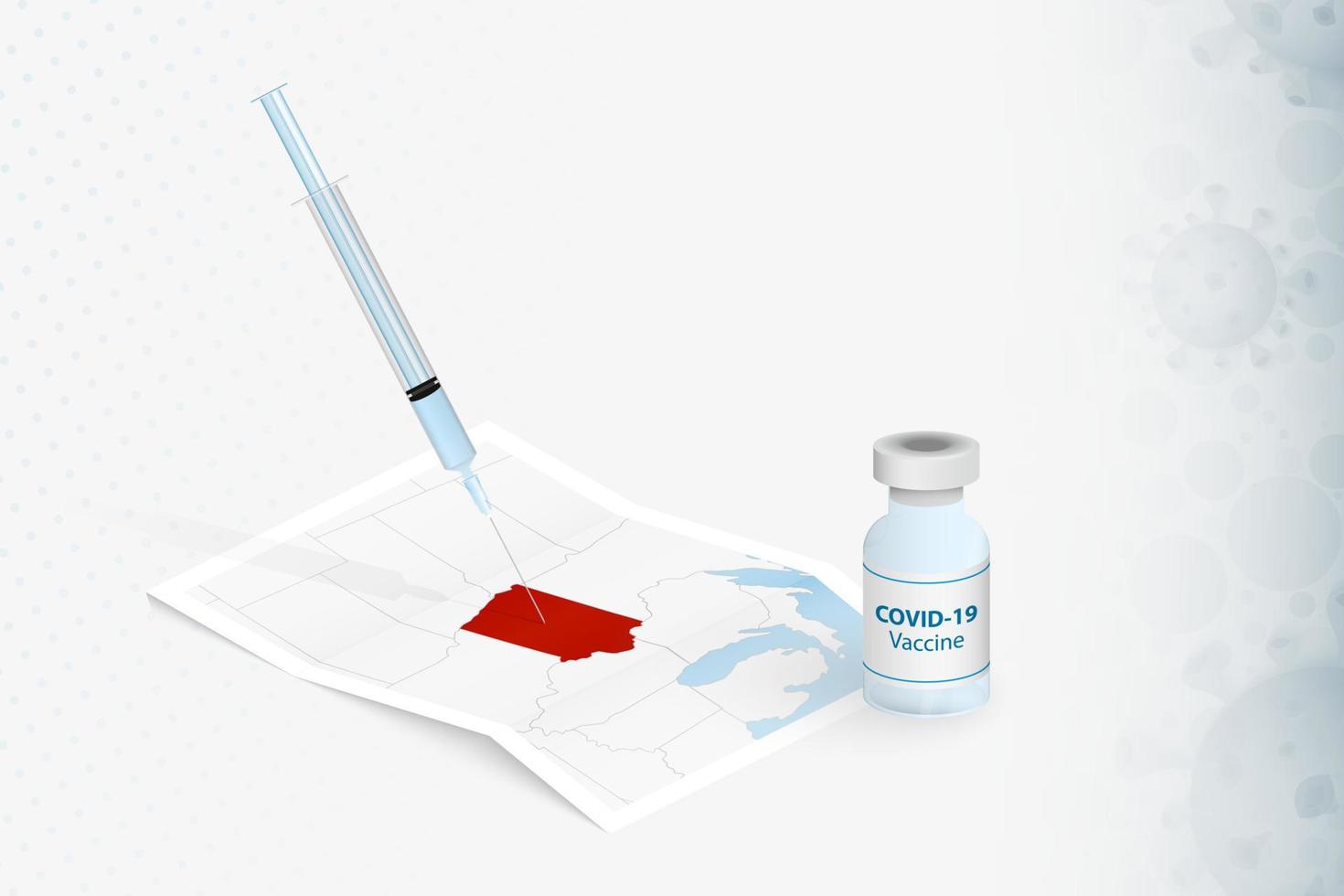 vacunación de iowa, inyección con la vacuna covid-19 en el mapa de iowa. vector