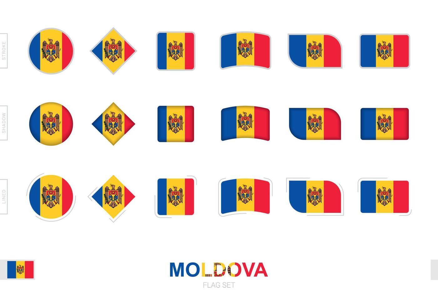 Moldova flag set, simple flags of Moldova with three different effects. vector