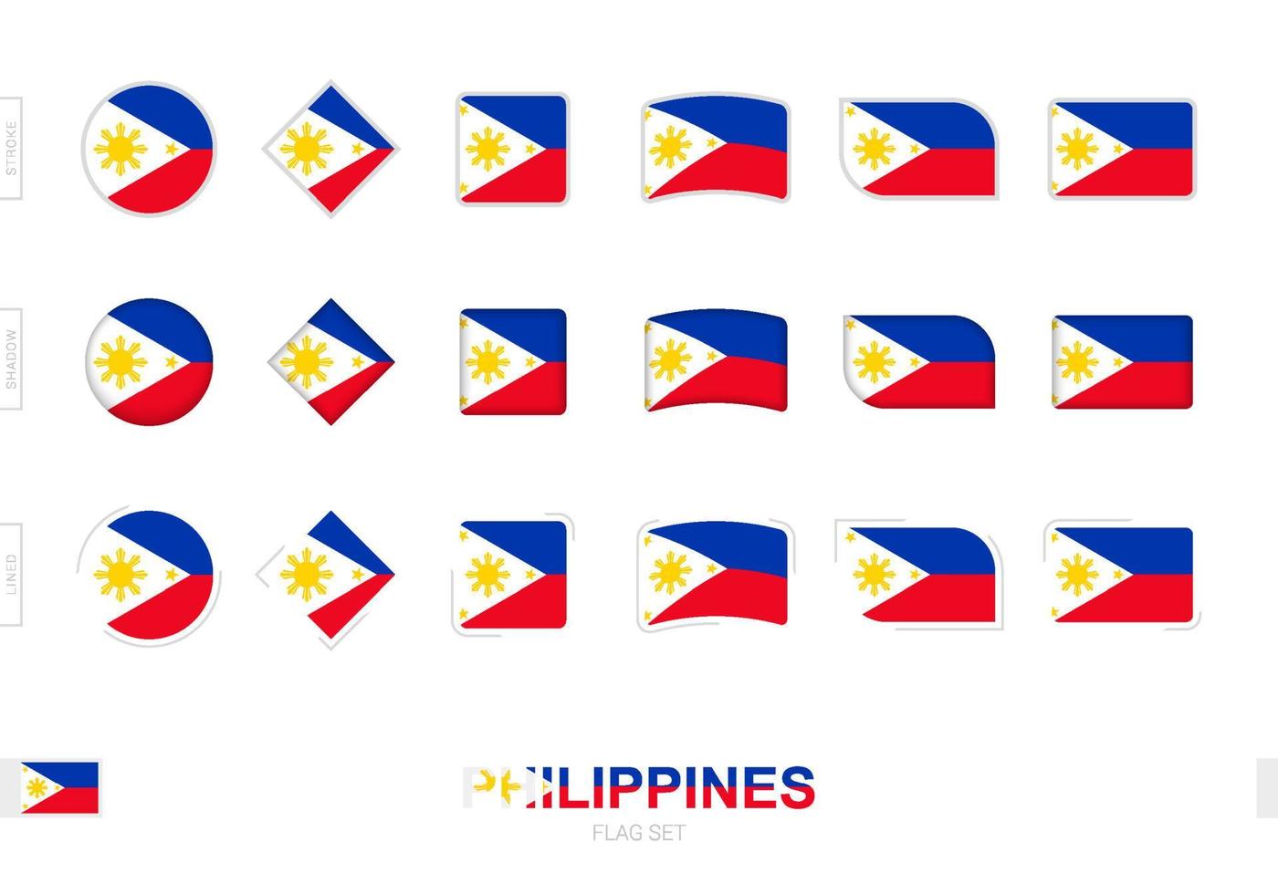 conjunto de banderas de filipinas, banderas simples de filipinas con tres efectos diferentes. vector