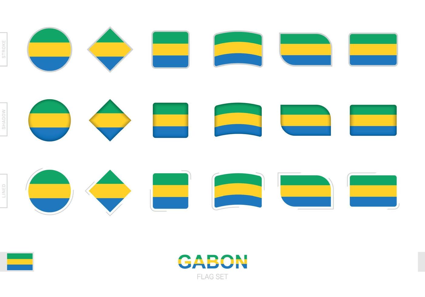 Gabon flag set, simple flags of Gabon with three different effects. vector