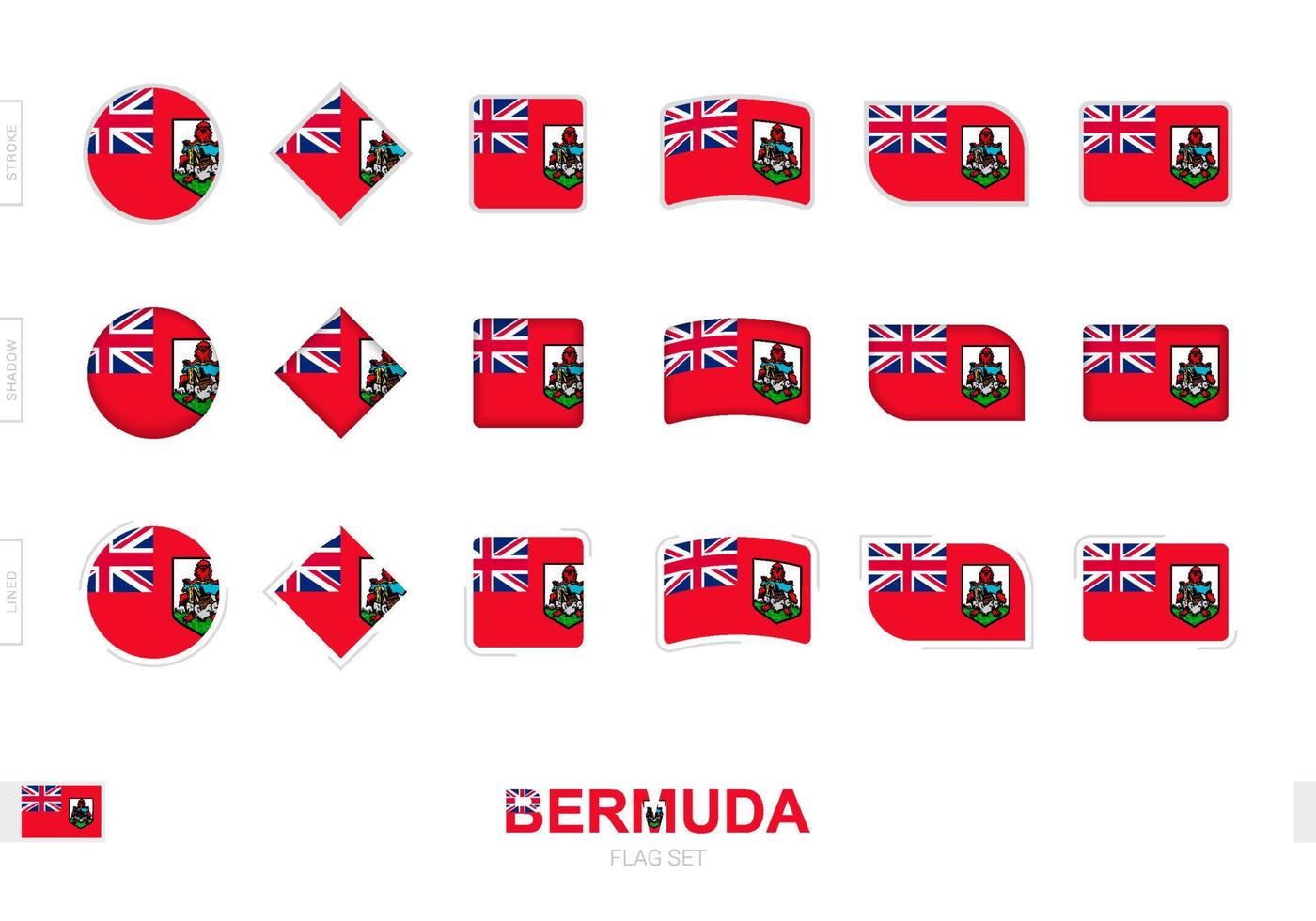 Conjunto de banderas de las bermudas, banderas simples de las bermudas con tres efectos diferentes. vector