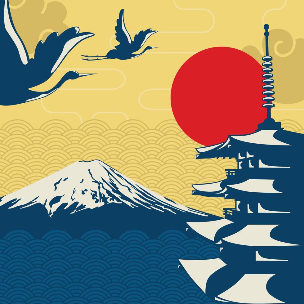 fondo de elementos de estilo japonés con vista a la montaña fuji vector