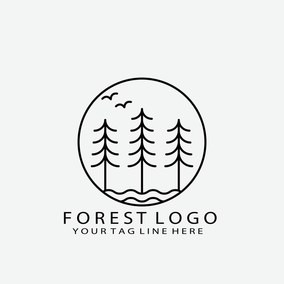 Forest logo design, nature landscape with silhouettes of trees and mountains, nature landscape icon in round geometric shape design, vector illustration in black and white color