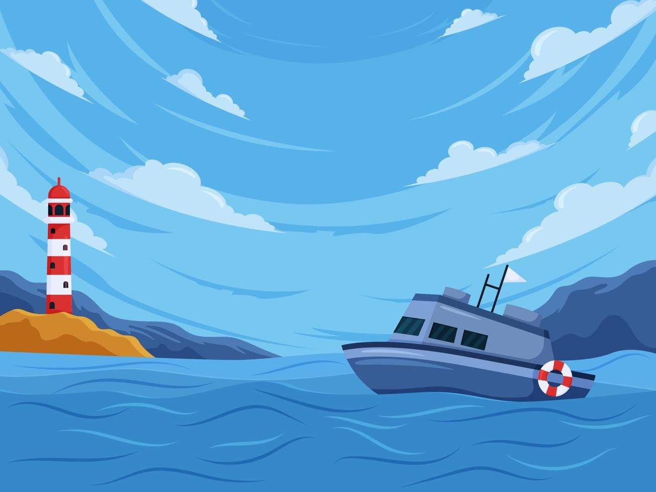 Sea Scenery Background With Ship And Lighthouse vector