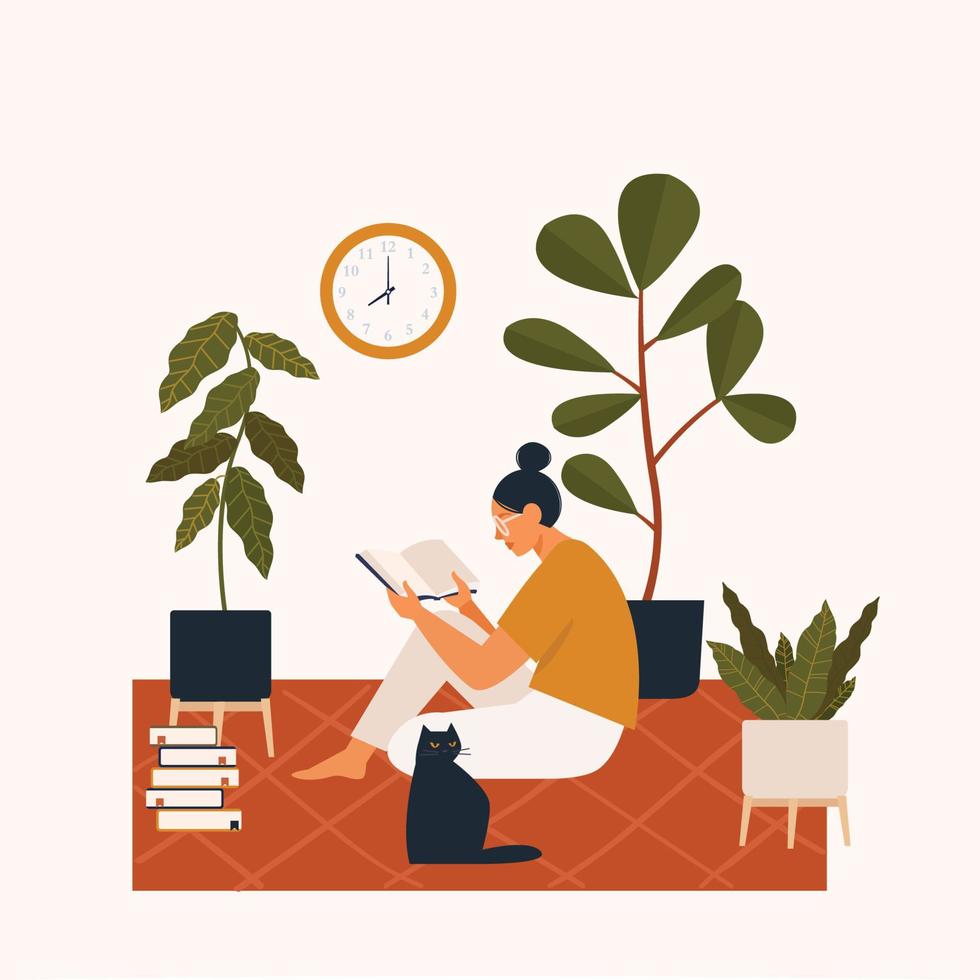 Young woman sitting on a floor and reading a book. Spending time at home, relaxation, rest, hobby. Vector illustration isolated on white background.
