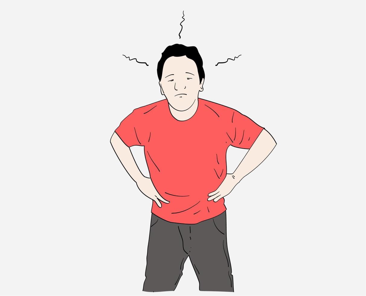 Unhealthy man suffer from stomach ache or gastritis. Unwell male touch belly struggle with abdominal pain. Hand drawn style vector design illustrations.