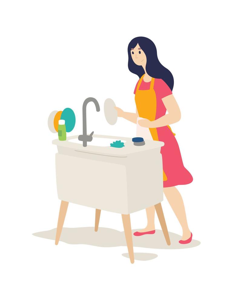 The girl washes the dishes. Vector. Flat cartoon style. The keeper of the hearth does housework. A young woman wipes her dishes while standing at the sink. Family matters. vector