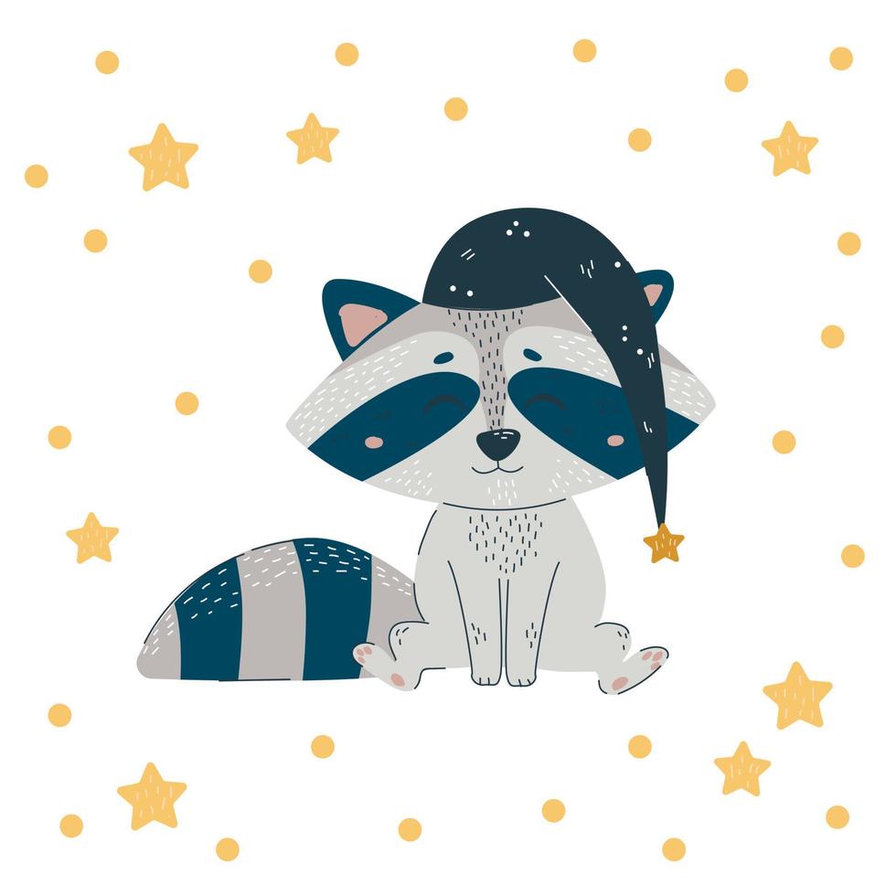 Cute raccoon in nightcap. Positive poster Cute card banner logo vector