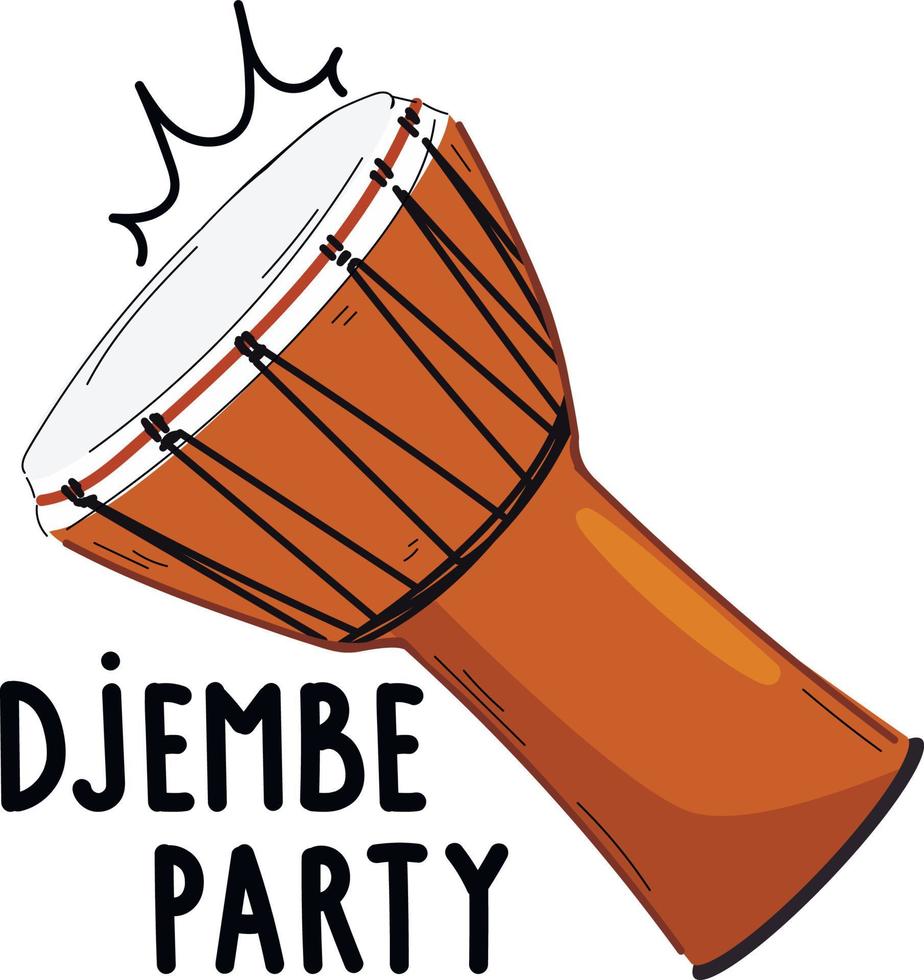 Djembe drum African musical instrument isolated sketch with hand-drawn lettering. Vector rope-tuned and skin-covered goblet jembe