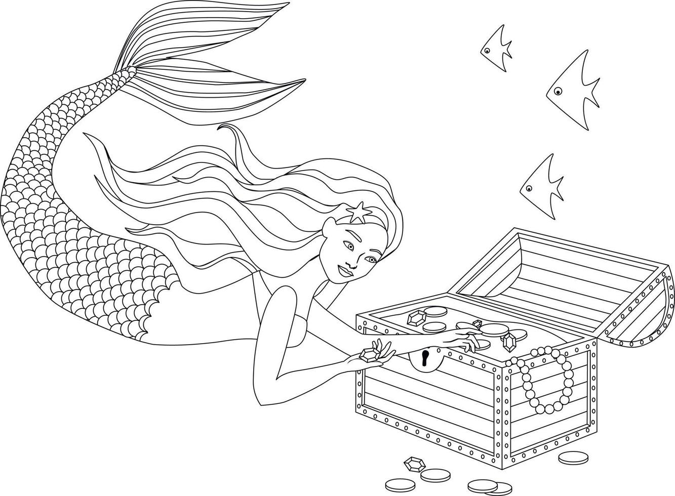 Mermaid and underwater treasure. Black and white vector illustration for coloring book