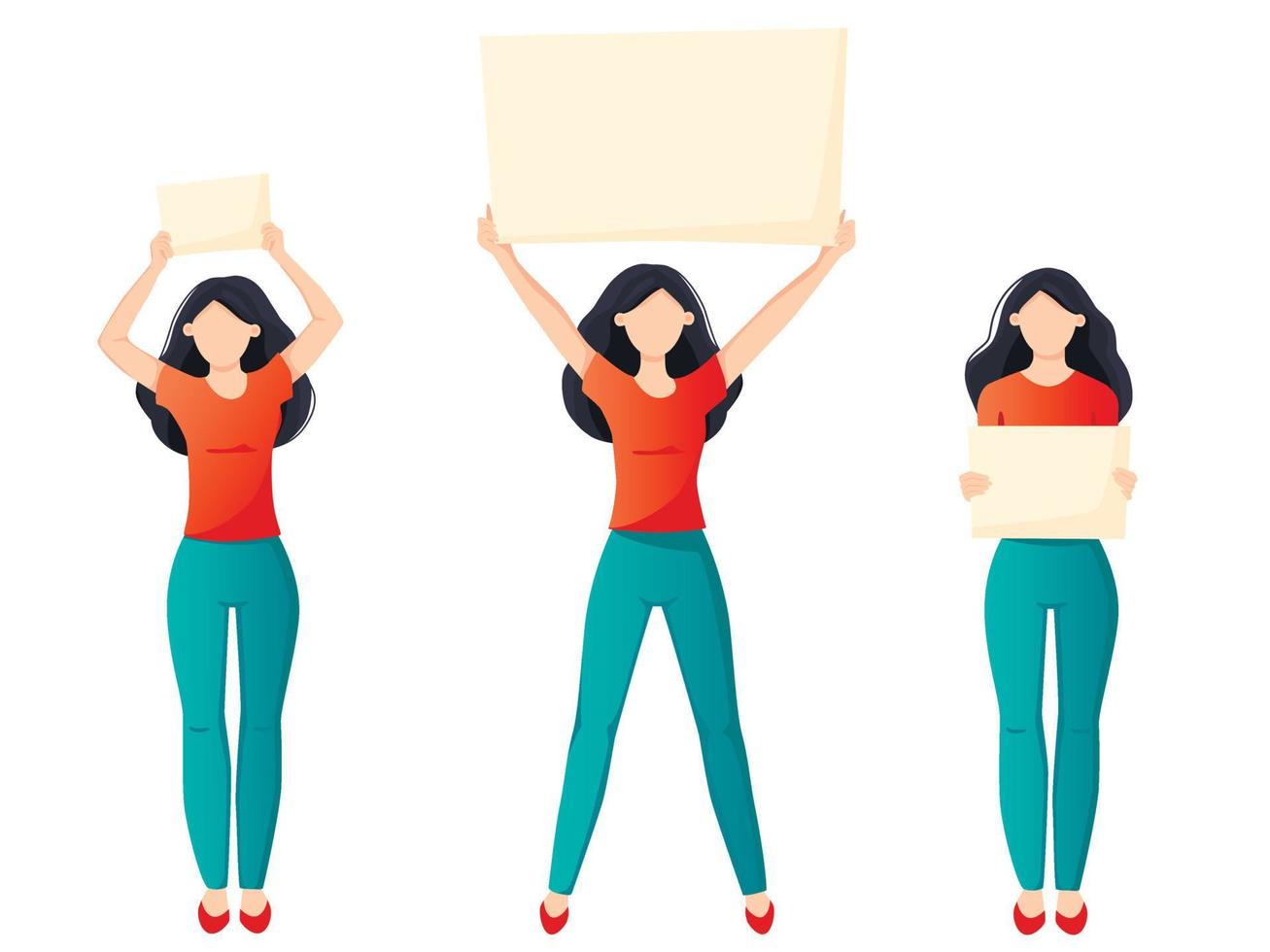 Set of a young women holding a blank poster with place for text. Hand drawn style vector trendy illustration.