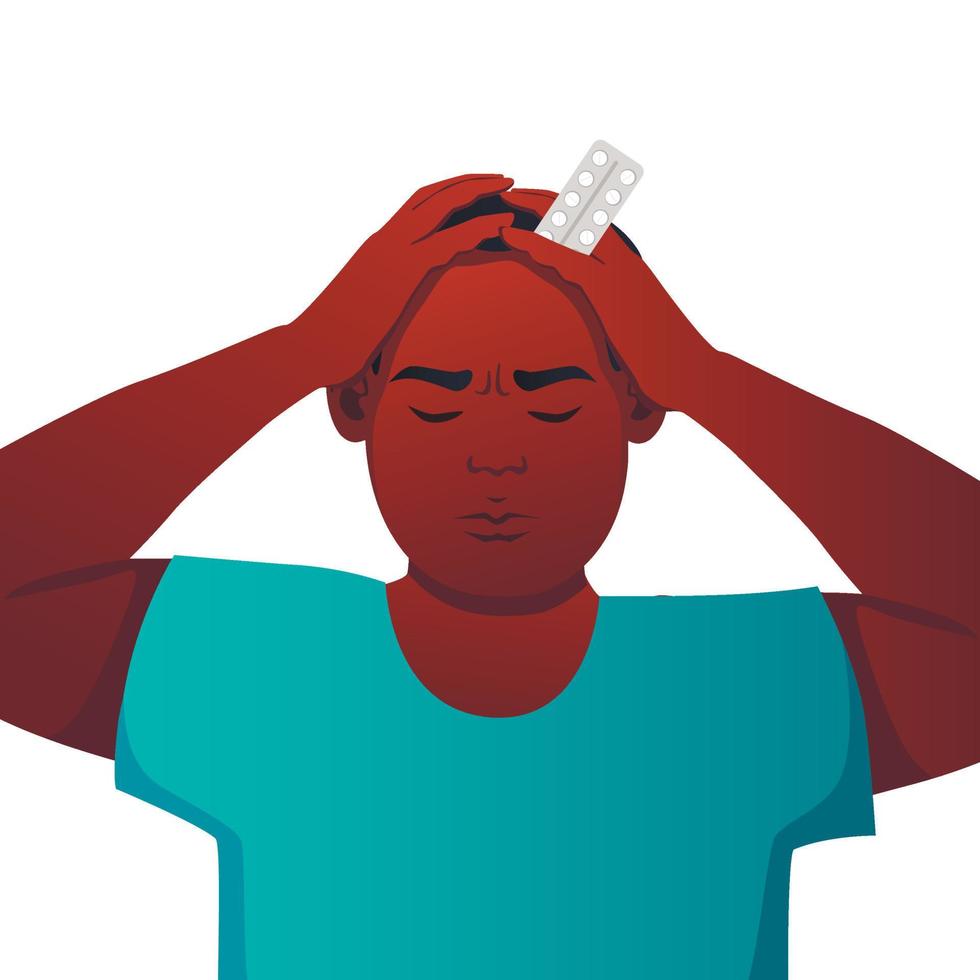 A man holds his head, holds pills in one hand. Depression, headache, Mental disorder. vector