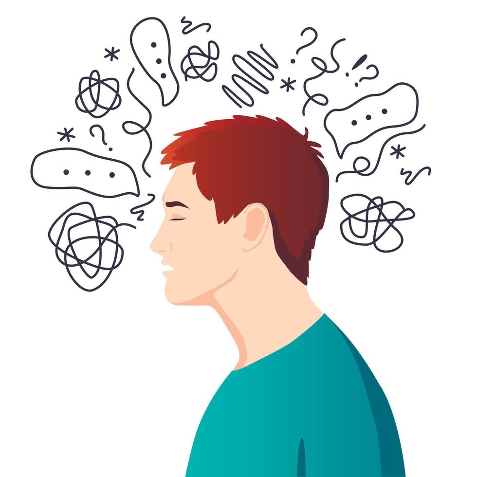 Anxiety, depression, stress, headache. Dizziness, sad and anxious thoughts of man. Young man is surrounded by stream of thoughts, chaos in head. Mental disorder. Difficult life situation. vector