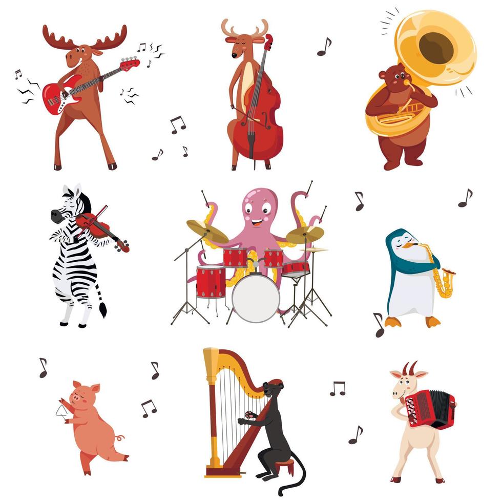 Collection of cute animal cartoon musicians with guitar, flute, drums, violin, sax. Flat childish vector illustration.