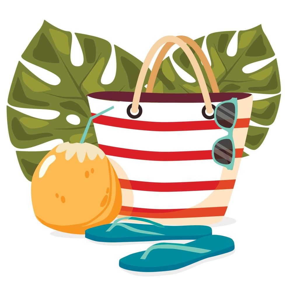 Beach bag with leaves and coconut. Illustration of cartoon beach accessory. Isolated icon vector