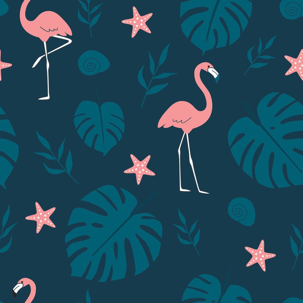Summer pattern. Vector seamless pattern with summer symbols, such as flamingo, tropical leaves, and starfish in doodle style.