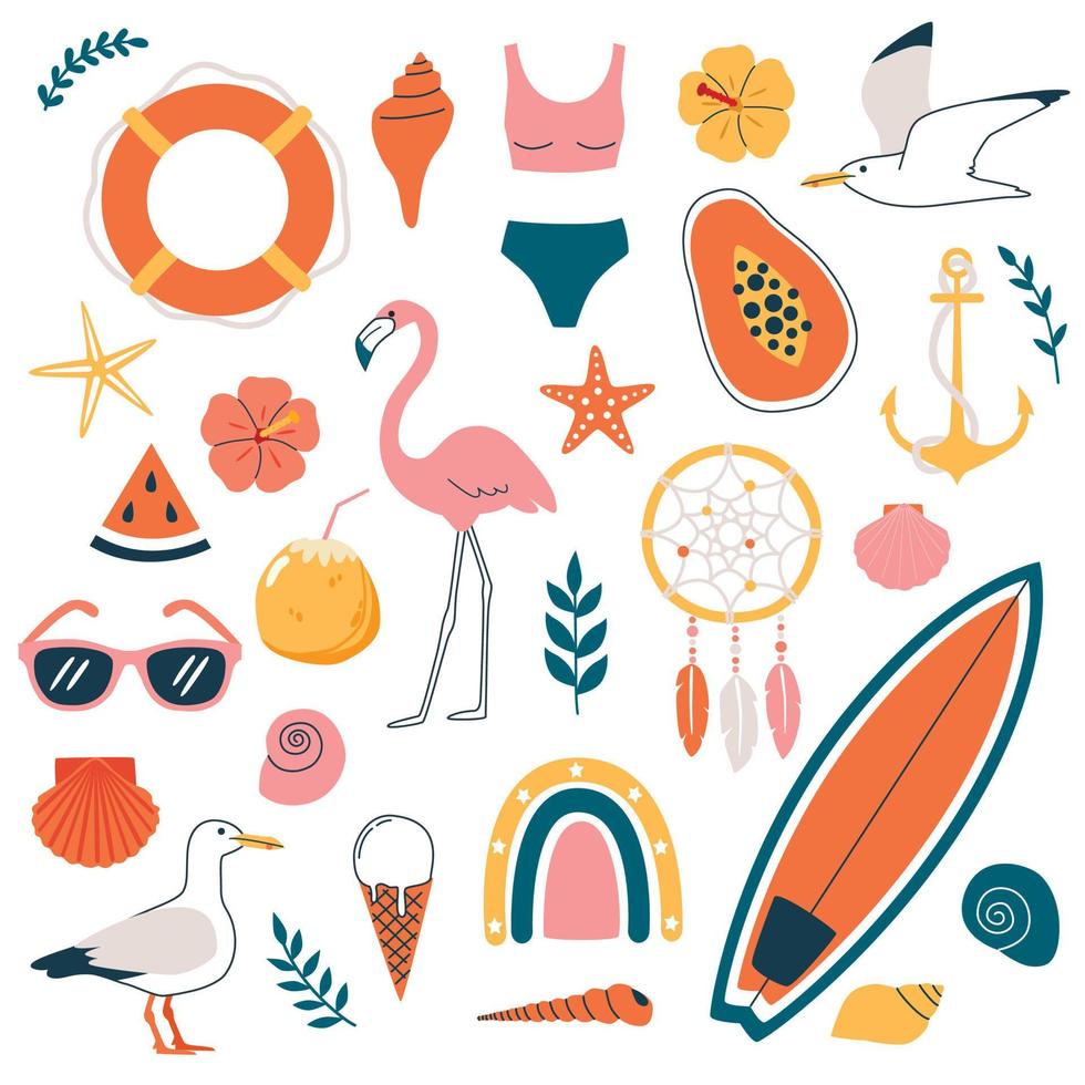 colección de verano. conjunto vectorial de coloridos y divertidos símbolos de verano de garabatos, como flamenco, gaviota, fruta tropical, arco iris, tabla de surf, gafas de sol. vector