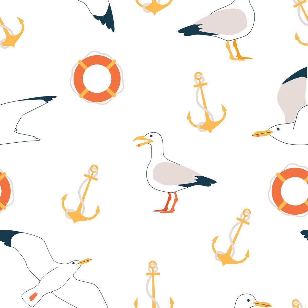 Summer pattern. Vector seamless pattern with summer symbols, such as seagulls, anchor,