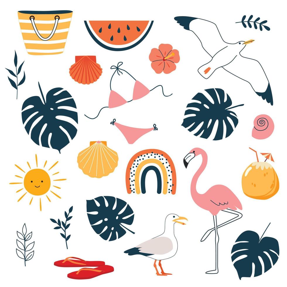 colección de verano. conjunto vectorial de coloridos y divertidos símbolos de verano de garabatos, como flamenco, gaviota, hojas tropicales, arco iris, tabla de surf. vector