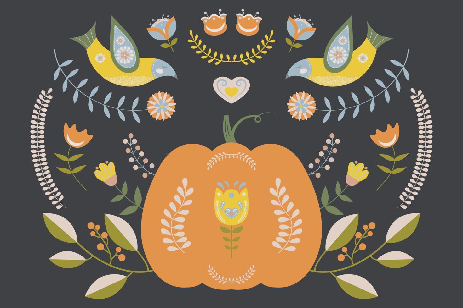Autumn folk illustration with pumpkin, birds and floral motifs. vector