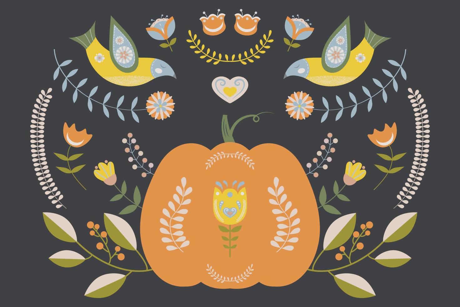 Autumn folk illustration with pumpkin, birds and floral motifs. vector