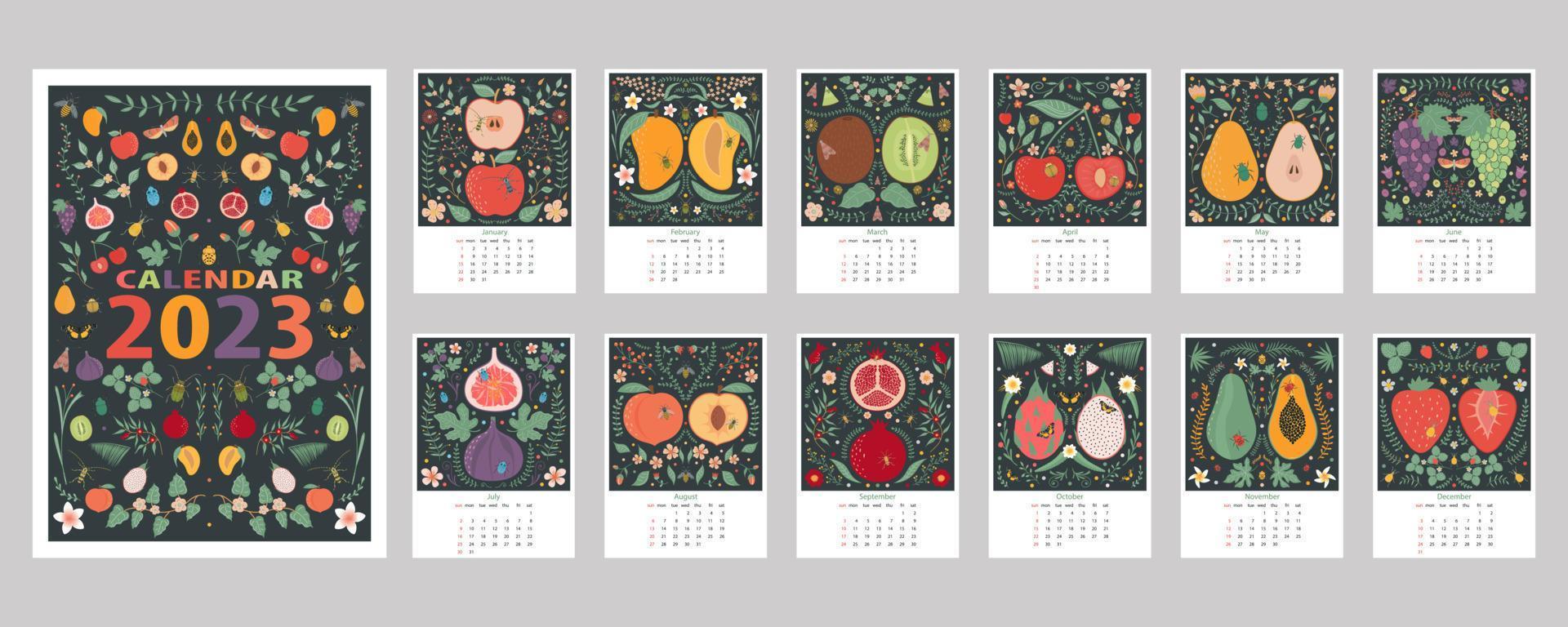 Calendar 2023. Calendar design with fruits, insects and floral elements. Set of pages for 12 months of 2023. Vector illustration.