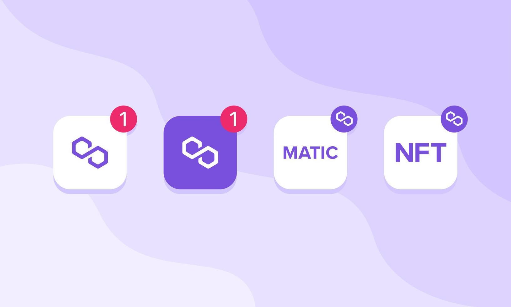 Vector collection of Polygon NFT  icons. MATIC non fungible token design elements for marketplace and crypto exchange. Set of mobile app designs with notification badges, crypto currency assets.
